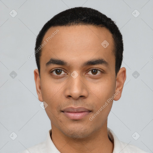 Neutral latino young-adult male with short  black hair and brown eyes
