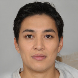 Neutral asian young-adult male with short  brown hair and brown eyes