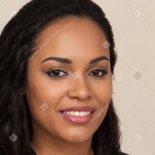 Joyful latino young-adult female with long  brown hair and brown eyes