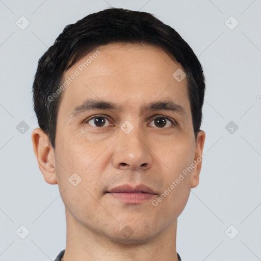 Neutral asian young-adult male with short  black hair and brown eyes