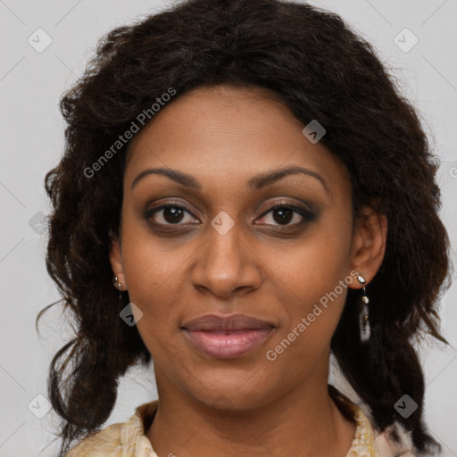 Joyful black young-adult female with medium  brown hair and brown eyes
