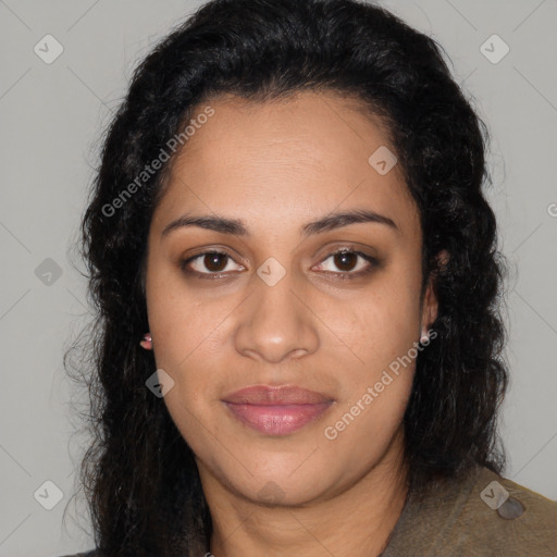 Joyful latino young-adult female with long  brown hair and brown eyes