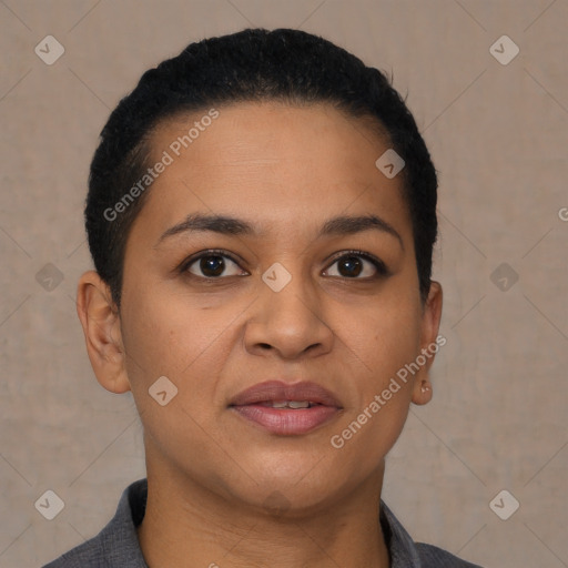 Joyful latino young-adult female with short  brown hair and brown eyes