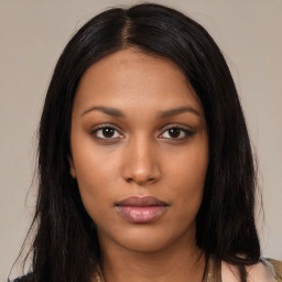 Neutral black young-adult female with long  brown hair and brown eyes