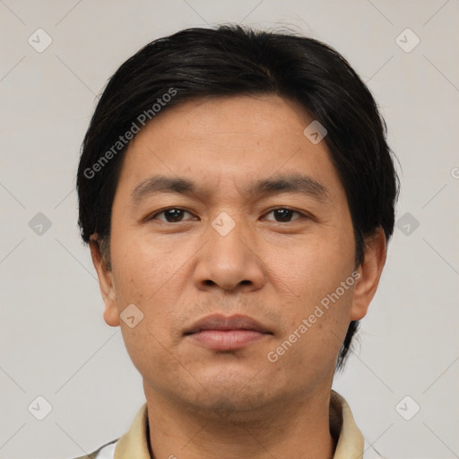 Neutral asian young-adult male with short  brown hair and brown eyes