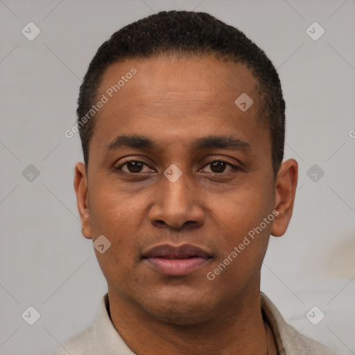 Neutral latino young-adult male with short  black hair and brown eyes