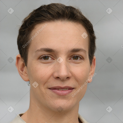 Joyful white young-adult female with short  brown hair and grey eyes