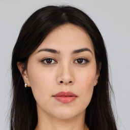 Neutral asian young-adult female with long  brown hair and brown eyes