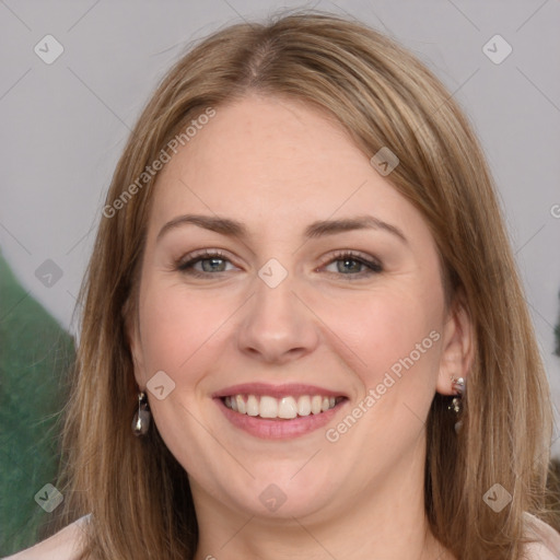 Joyful white young-adult female with long  brown hair and grey eyes