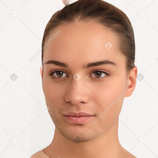 Neutral white young-adult female with short  brown hair and brown eyes