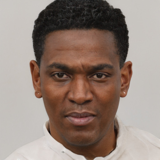 Neutral black adult male with short  black hair and brown eyes