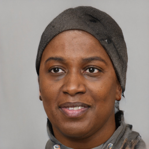 Joyful black adult female with short  black hair and brown eyes