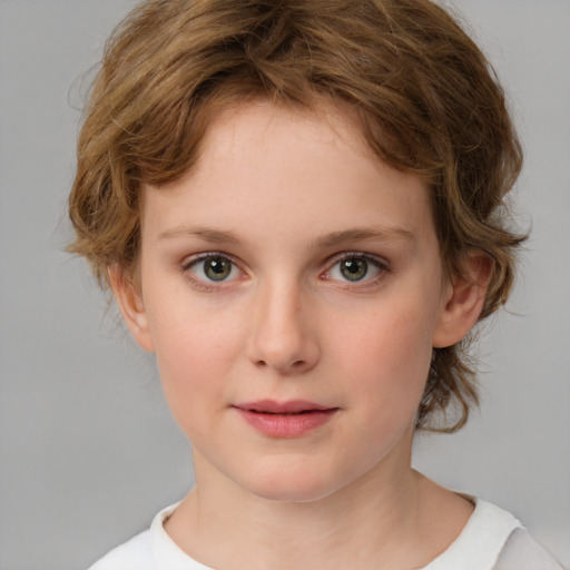 Neutral white child female with medium  brown hair and blue eyes