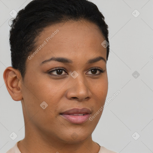 Joyful latino young-adult female with short  brown hair and brown eyes