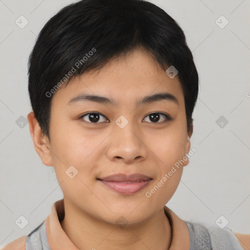 Joyful asian young-adult female with short  brown hair and brown eyes