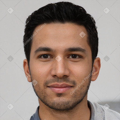 Neutral latino young-adult male with short  black hair and brown eyes