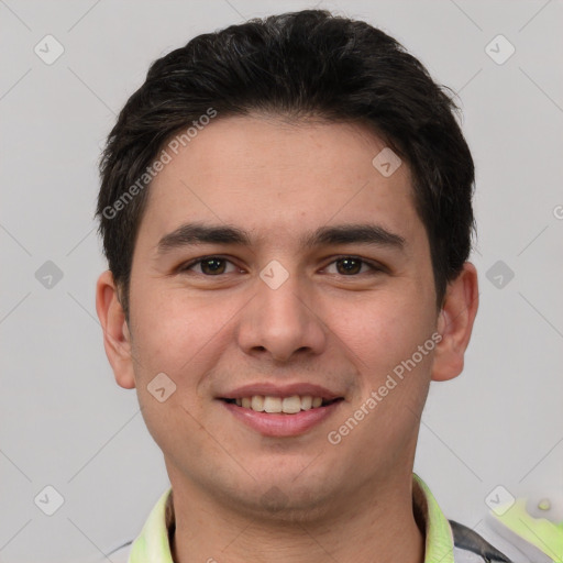 Joyful white young-adult male with short  brown hair and brown eyes