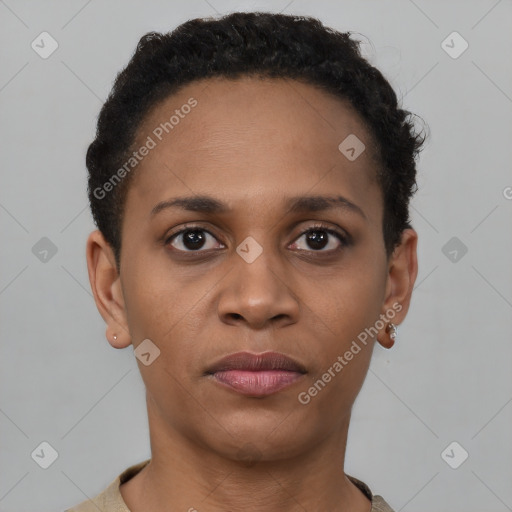 Joyful black young-adult female with short  black hair and brown eyes