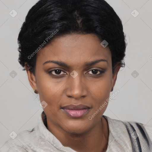 Joyful latino young-adult female with short  black hair and brown eyes