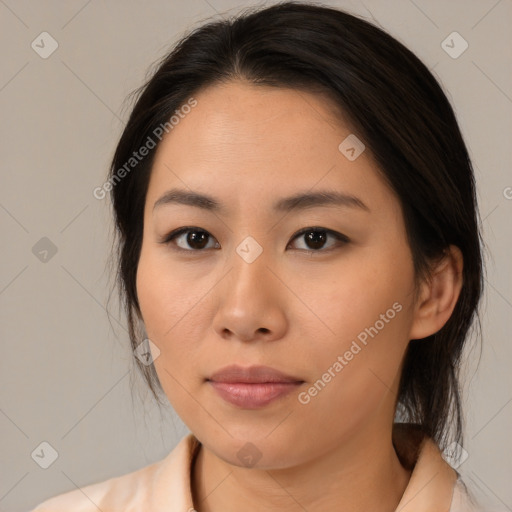 Neutral asian young-adult female with medium  brown hair and brown eyes