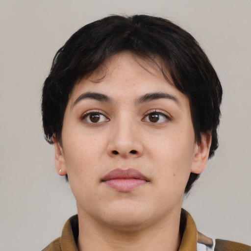Neutral white young-adult female with medium  black hair and brown eyes