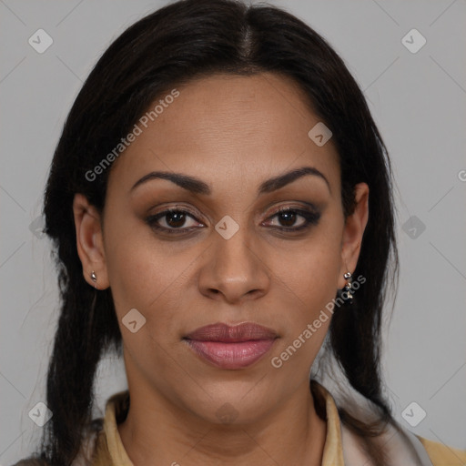 Joyful latino young-adult female with medium  brown hair and brown eyes