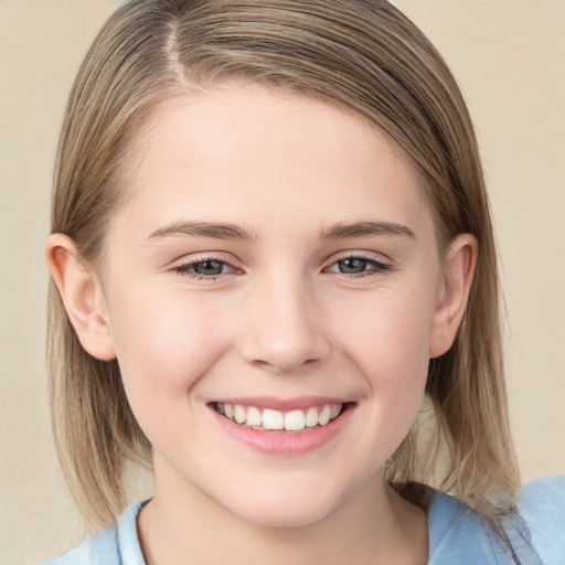 Joyful white child female with medium  brown hair and grey eyes