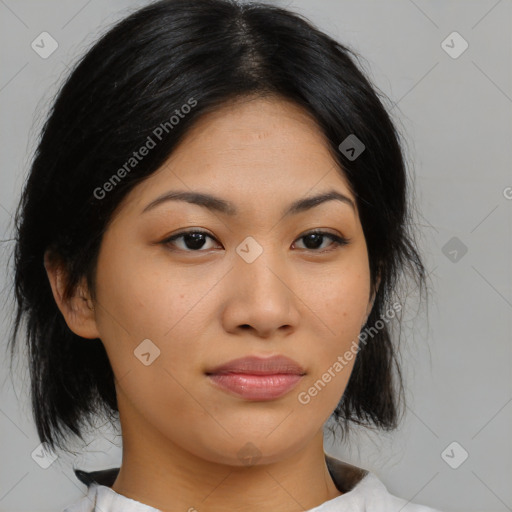 Joyful asian young-adult female with medium  black hair and brown eyes