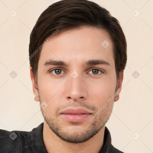 Neutral white young-adult male with short  brown hair and brown eyes