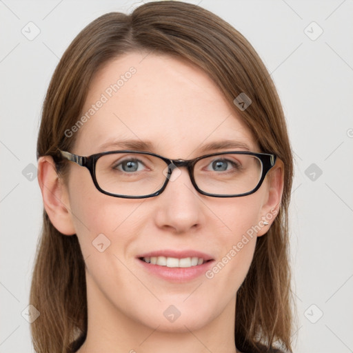 Joyful white young-adult female with medium  brown hair and blue eyes