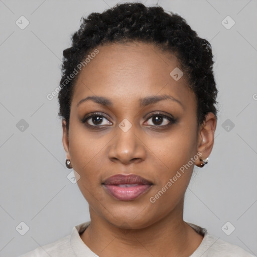 Neutral black young-adult female with short  black hair and brown eyes