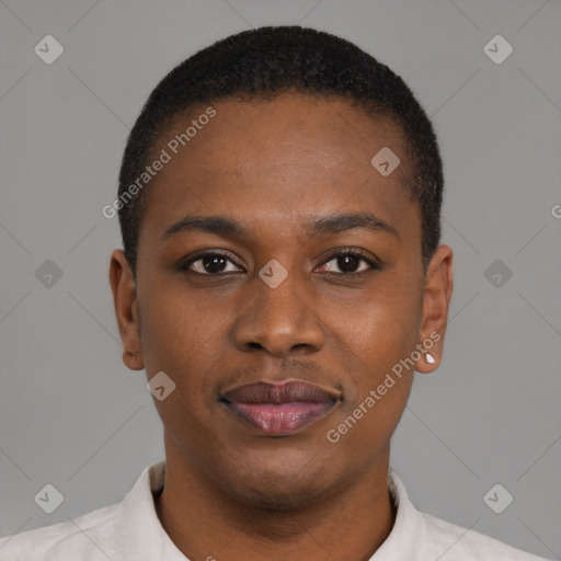 Joyful latino young-adult male with short  brown hair and brown eyes