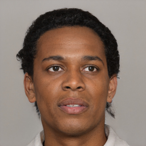 Neutral black young-adult male with short  black hair and brown eyes