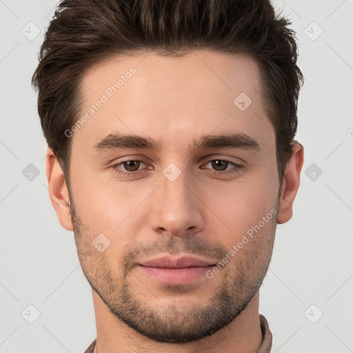 Neutral white young-adult male with short  brown hair and brown eyes