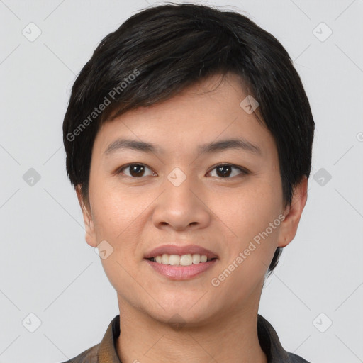 Joyful asian young-adult female with short  black hair and brown eyes