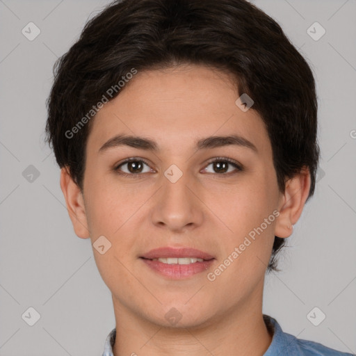 Joyful white young-adult female with short  brown hair and brown eyes