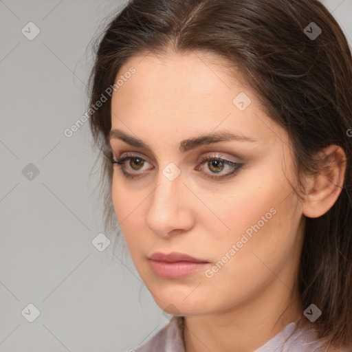 Neutral white young-adult female with medium  brown hair and brown eyes