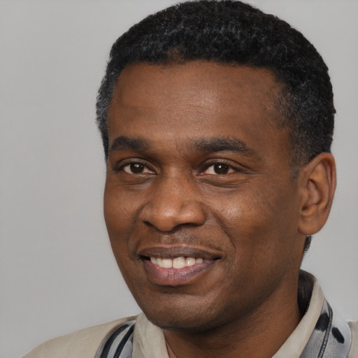 Joyful black young-adult male with short  black hair and brown eyes