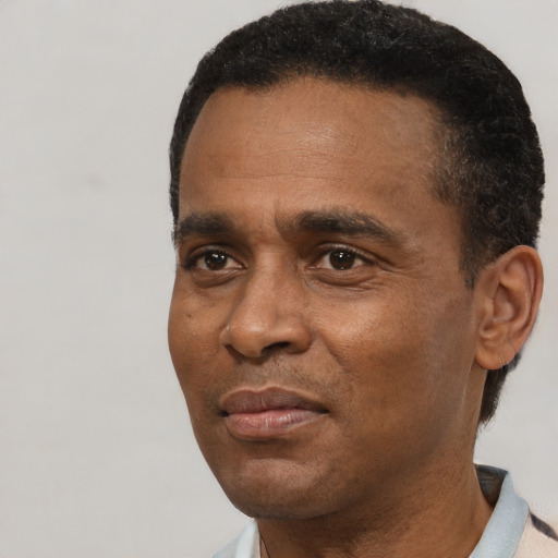 Neutral black adult male with short  black hair and brown eyes