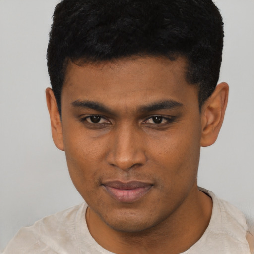 Neutral black young-adult male with short  black hair and brown eyes