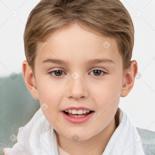 Joyful white child female with short  brown hair and brown eyes