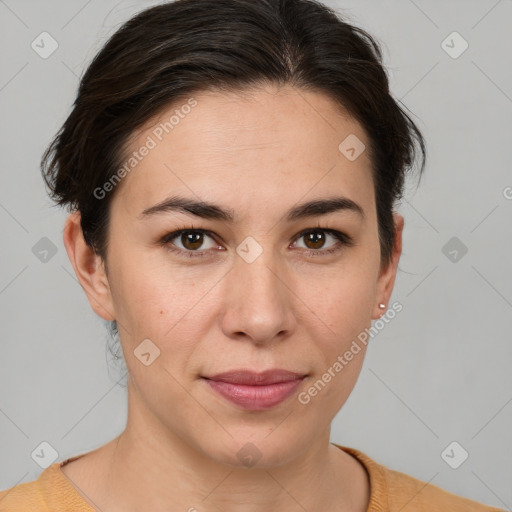 Joyful white young-adult female with medium  brown hair and brown eyes