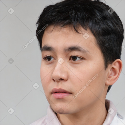 Neutral asian young-adult male with short  black hair and brown eyes