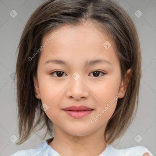 Joyful white child female with medium  brown hair and brown eyes