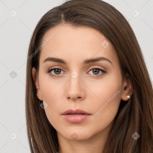 Neutral white young-adult female with long  brown hair and brown eyes