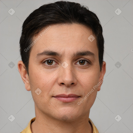 Joyful white young-adult male with short  brown hair and brown eyes