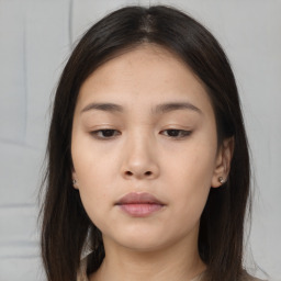 Neutral asian young-adult female with long  brown hair and brown eyes