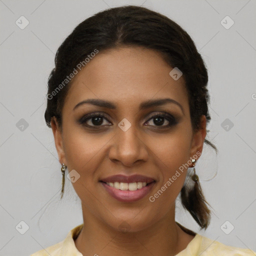 Joyful latino young-adult female with medium  brown hair and brown eyes