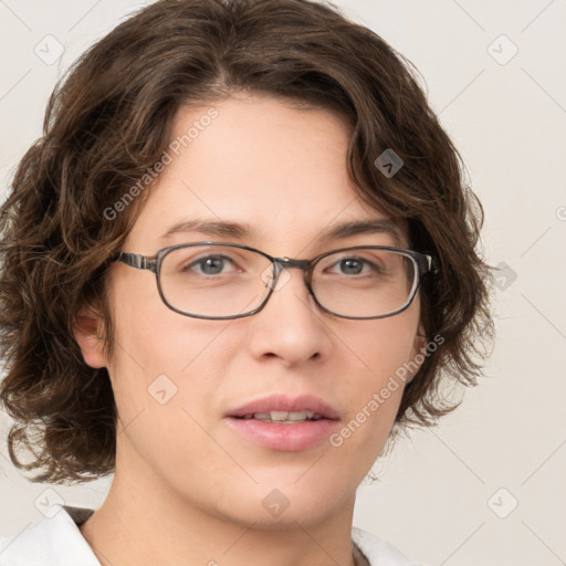 Joyful white young-adult female with medium  brown hair and green eyes