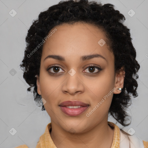 Joyful latino young-adult female with medium  black hair and brown eyes